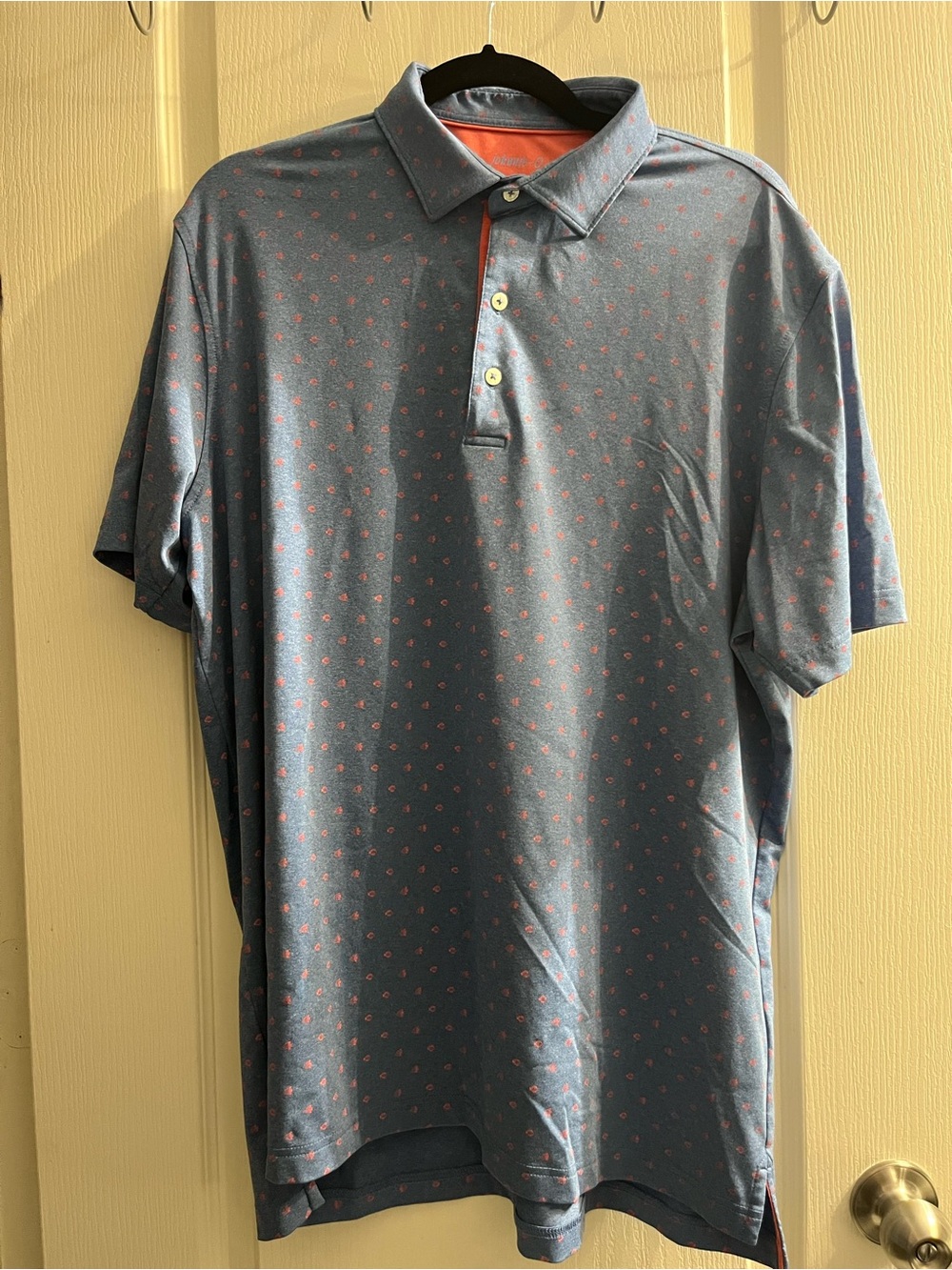 johnnie-O Polo FISHES Blue/Orange L Short Sleeve Collared Button Logo Men